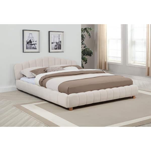 Vero Beige Wood Frame Queen Platform Bed with Velvet Upholstery