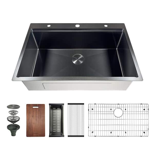 33 in. Drop-in 3-Hole Single Bowl 16-Gauge Gunmetal Black Stainless Steel Workstation Kitchen Sink with Full Accessories