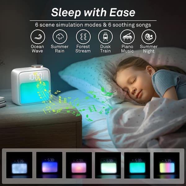 White Alarm Clock with Night Light, 6-Scenes and White Noise Sync
