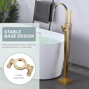 1-Handle Freestanding Floor Mount Tub Faucet Bathtub Filler with Diverter and Hand Shower in Gold