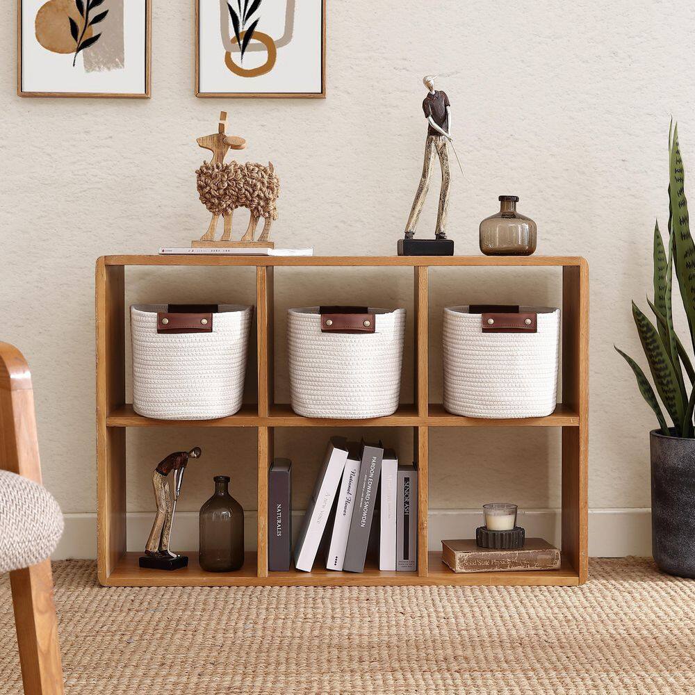 Cream Cotton Woven Round Storage Basket with Leather Handles