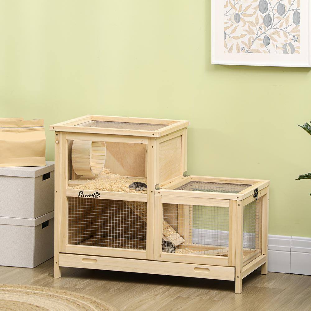 Natural Wooden Hamster Cage with Seesaw and Wheel