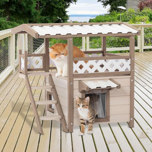 GOGEXX 31in. Lx23in. Wx29in. H Cat House Pet Houses With PVC Roof&Escape Door&Stair Kit Catio Kitten Condo for Multi Cats