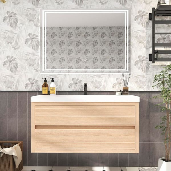 Louis 42 in. W x 20 in. D x 22 in. H Single Sink Floating Bath Vanity in Champagne Oak with White Acrylic Top