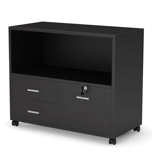 Tribesigns Frances Black Mobile Lateral Filing Cabinet With 3 Drawer And Open Storage Shelves
