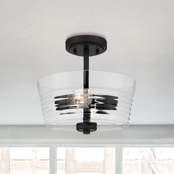 Designers Fountain Ingo 12 in. 2-Light Matte Black Transitional Entryway Semi-Flush Mount with Clear Ribbed Glass Shade