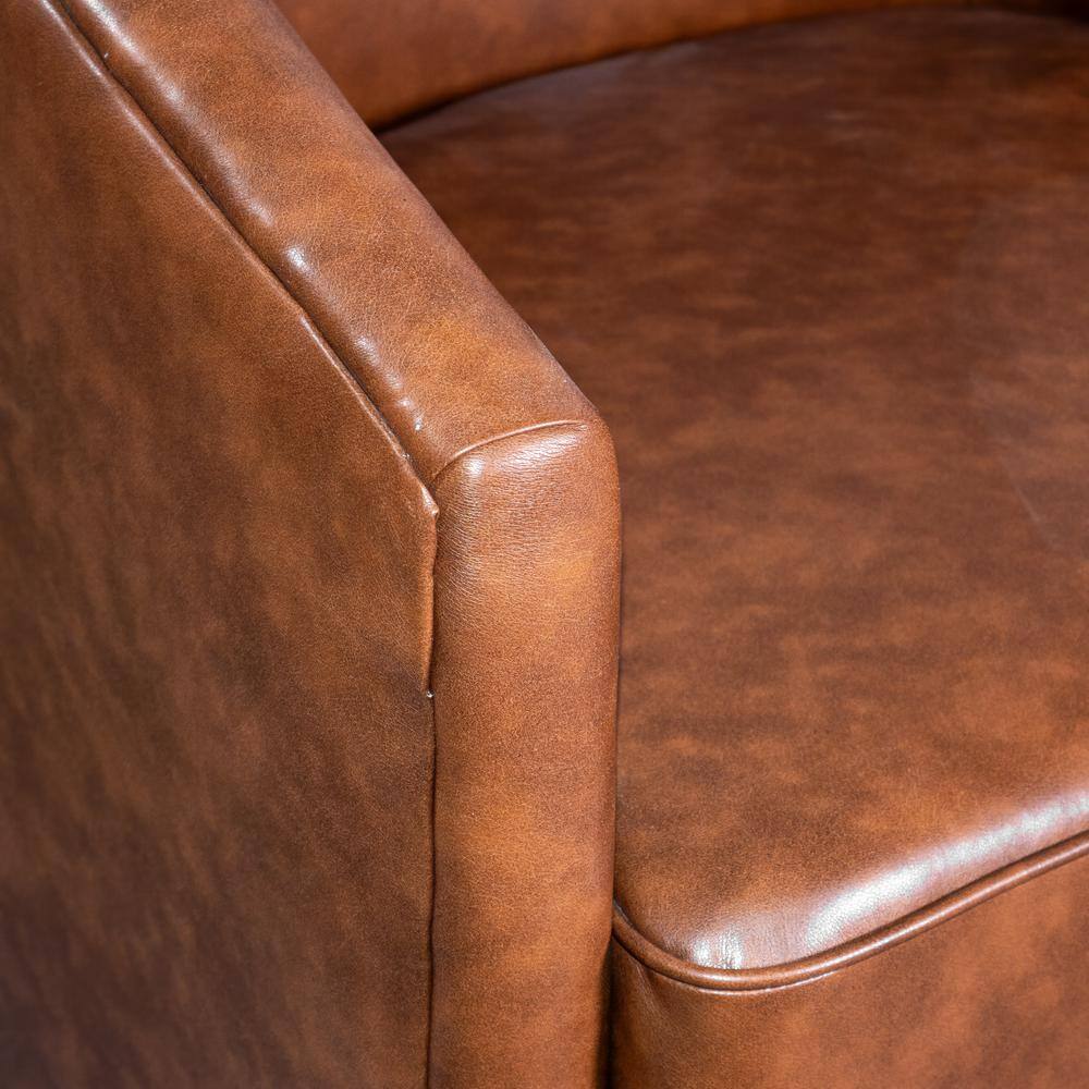 Brown Faux Leather Swivel Barrel Chair with Wood Base