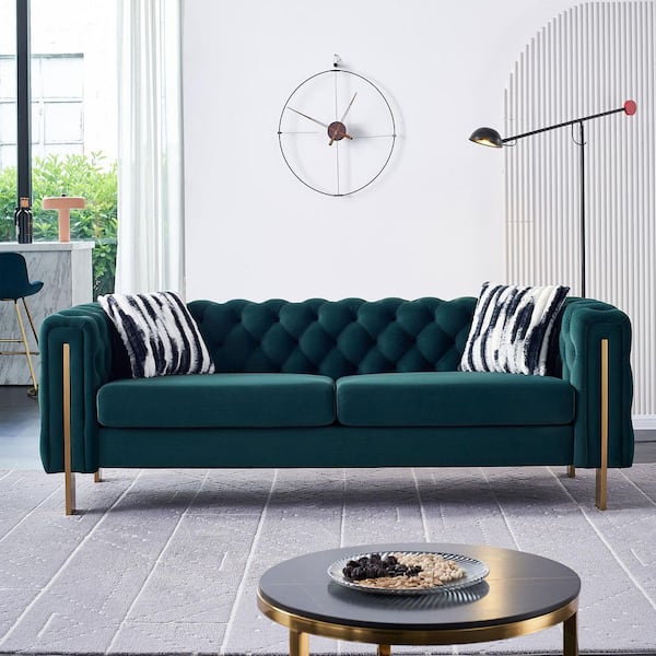 Felix Modern 84.25 in. Round Arm Velvet Upholstery Rectangle Sofa in Green with Tufted Back, 2 Pillows, Gold Metal Legs