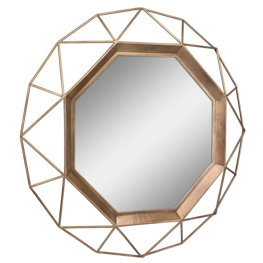 30.5" Round Antique Gold Geometric Wood Wall Mirror