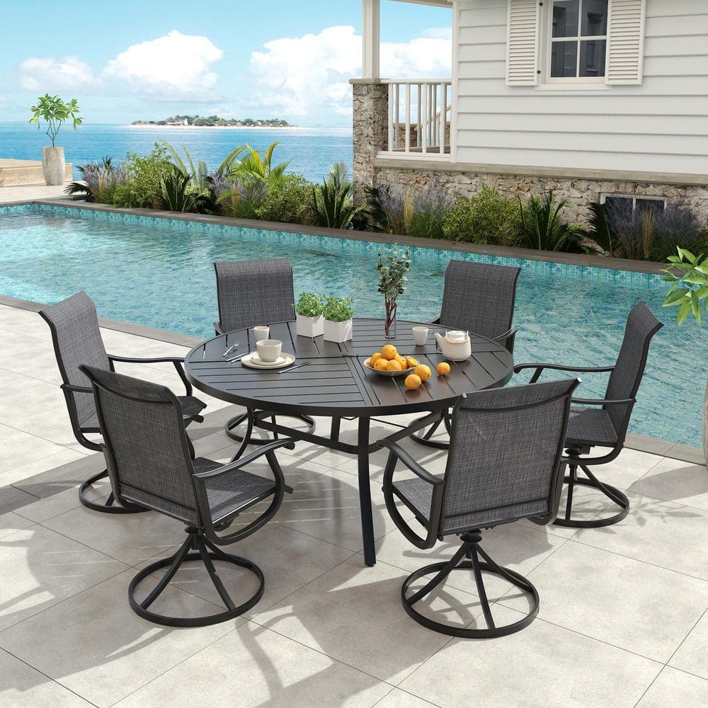 7-Piece All-Weather Metal Outdoor Patio Dining Set with 50 in. Black Round Table and 6 Dark Gray Swivel Chairs price history on PriceWatchPro