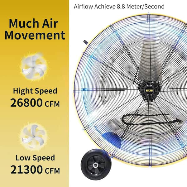 HiCFM 42 in. Yellow Industrial Drum Fan, 26800 CFM, 4/5 HP Motor, Heavy Duty Barrel, 8 in. Wheels, UL Listed