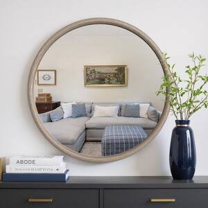 30 in. W x 30 in. H Modern Round Solid Wood Framed Wall Mirror in Light Oak Finish with Brushed White Details