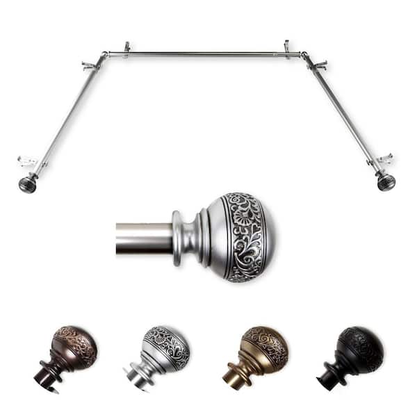 EMOH 13/16" Dia Adjustable 20"-36", 38"-72" Bay Window Curtain Rod with Douglas Finials in Satin Nickel