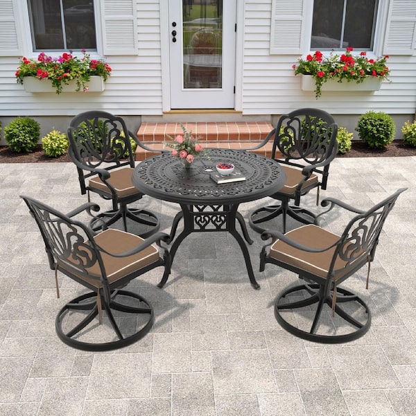Willit Elizabeth 5-Piece Cast Aluminum Patio Outdoor Dining Set with Round Dining Table, 4 Swivel Chairs and 4 Brown Cushions