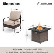 Brown Rattan Wicker 4 Seat 5-Piece Steel Outdoor Fire Pit Patio Set with Beige Cushions, Rattan Square Fire Pit Table