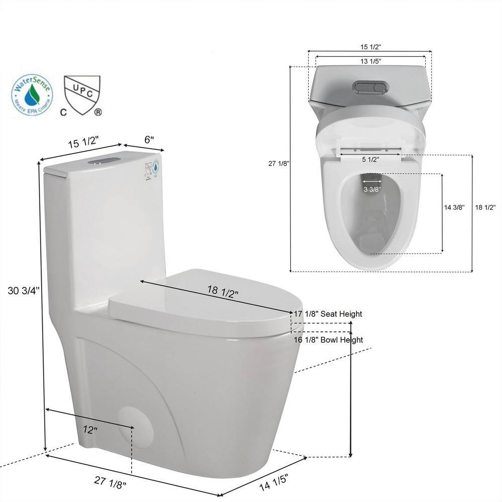 Glossy White Ceramic Dual Flush Elongated One-Piece Toilet