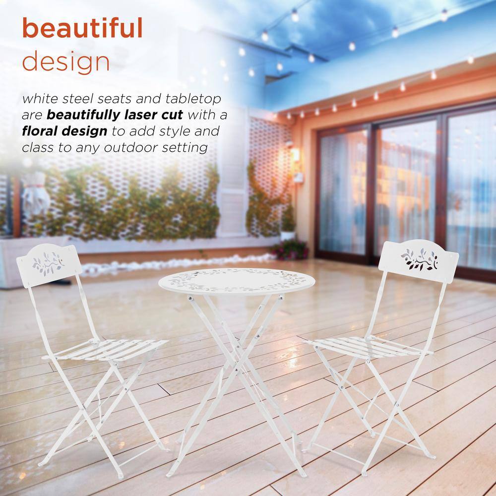 Chic Floral Cut-Out White Steel 3-Piece Patio Bistro Set