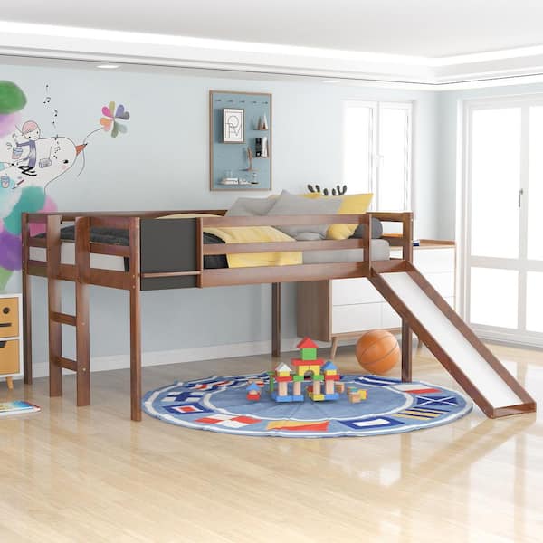 Harper & Bright Designs Walnut Full Size Wood Loft Bed with Slide, Ladder and Chalkboard