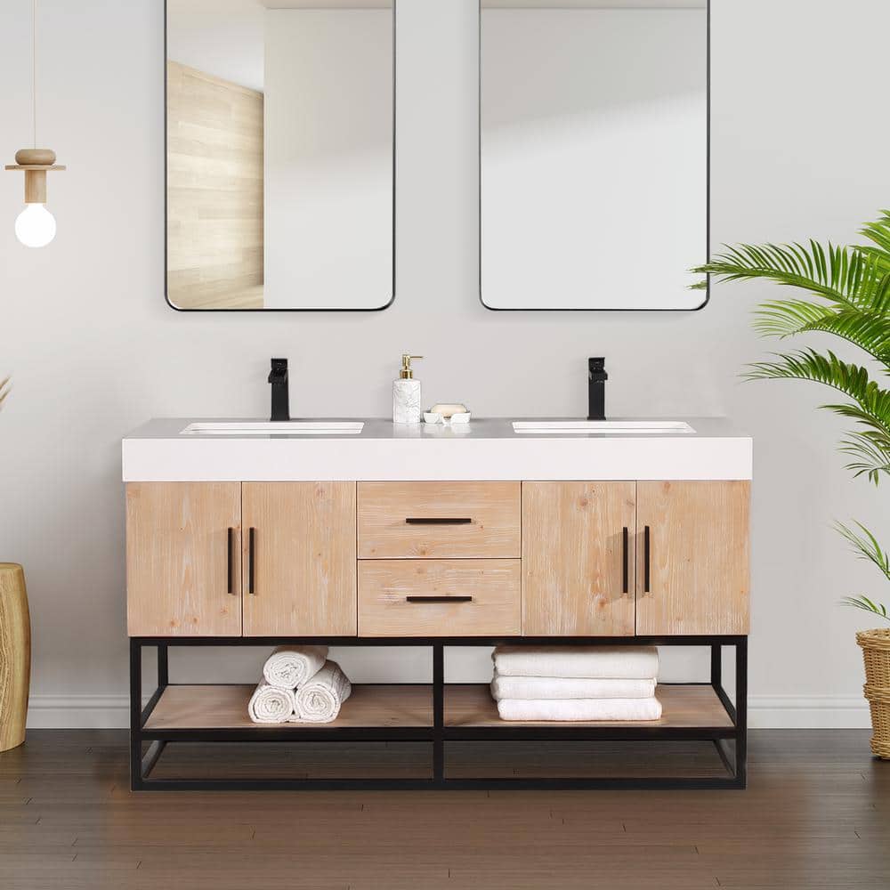Bianco 60" Light Brown Wood Vanity with White Stone Top
