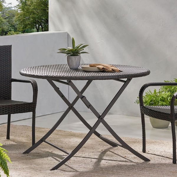 wayofatry Round Foldable Rattan Outdoor Dining Table in Brown