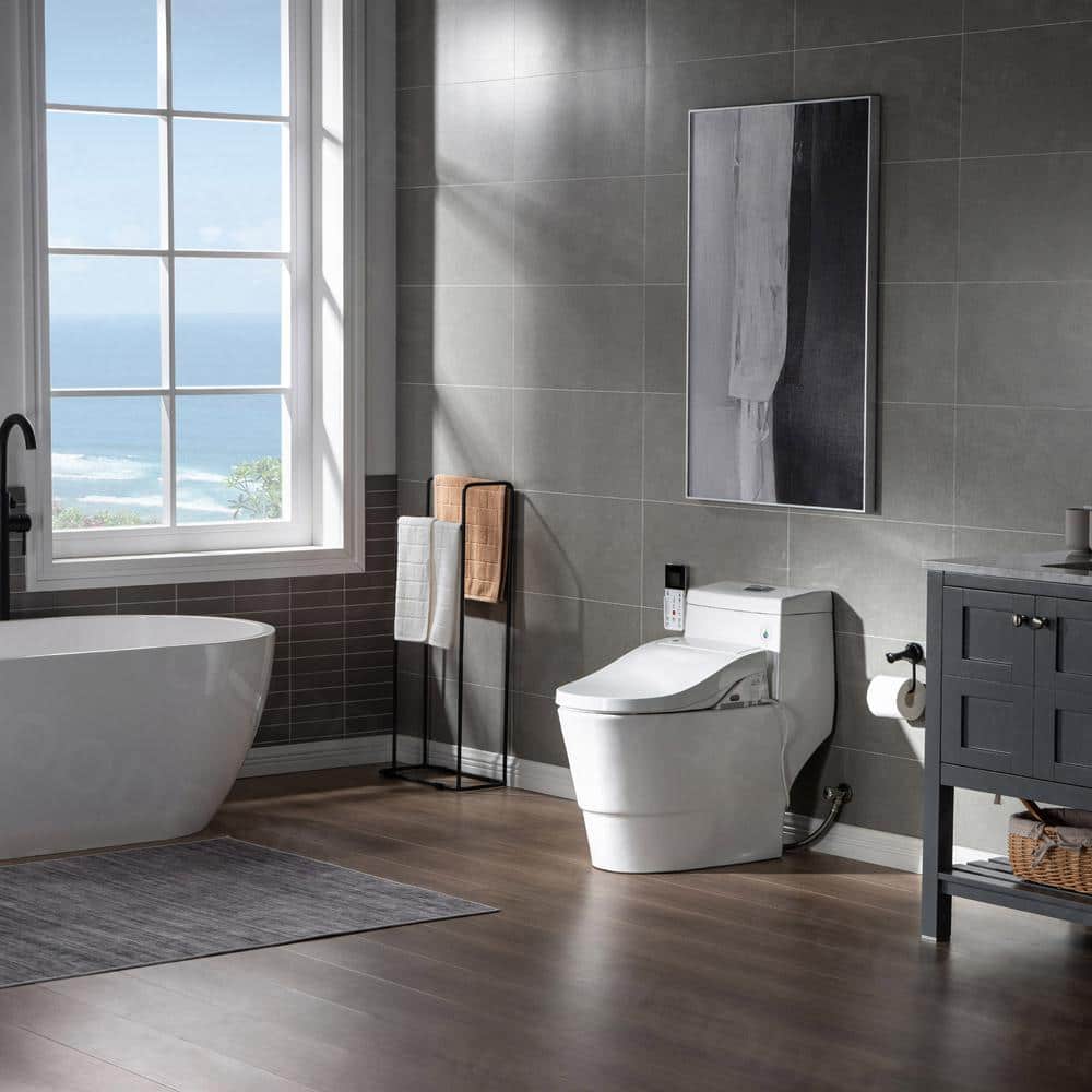 White Porcelain Elongated One-Piece Dual Flush Toilet with Smart Bidet