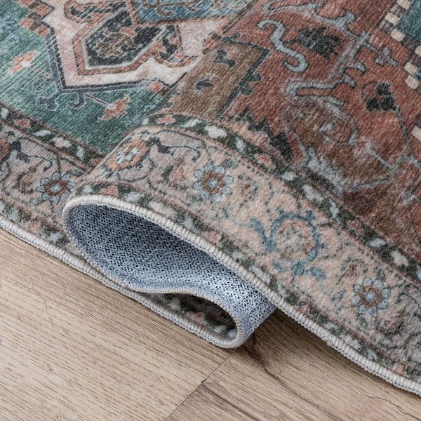 Sersi Ornate Large Medallion Border Non-Slip Machine-Washable Green/Brown 8 ft. x 10 ft. Area Rug
