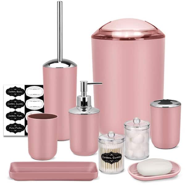 9-Piece Bathroom Set with Soap Dispenser & Dish, Toothbrush Holder & Cup, Trash Can, Toilet Brush, Tray, Jars in Pink