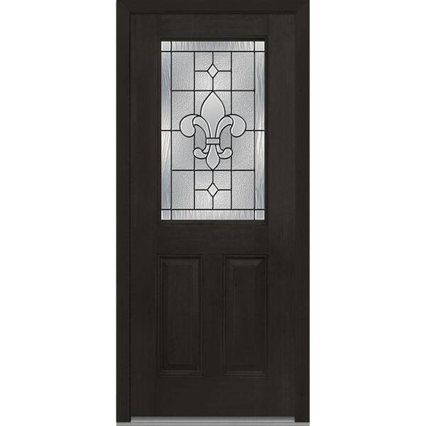 MMI Door 36 in. x 80 in. Carrollton Left-Hand Inswing 1/2-Lite Decorative 2-Panel Stained Fiberglass Mahogany Prehung Front Door