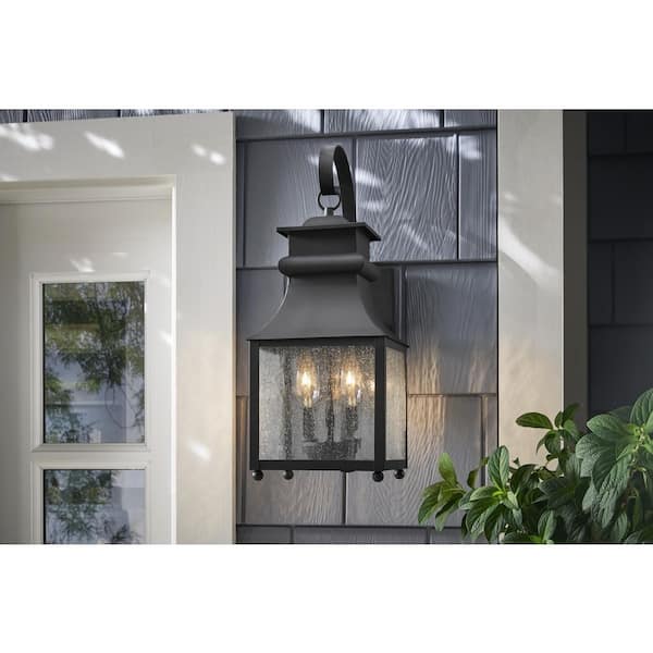 Home Decorators Collection Rainbrook 24 in. 2-Light Matte Black Extra Large Outdoor Wall Light Fixture with Seeded Glass