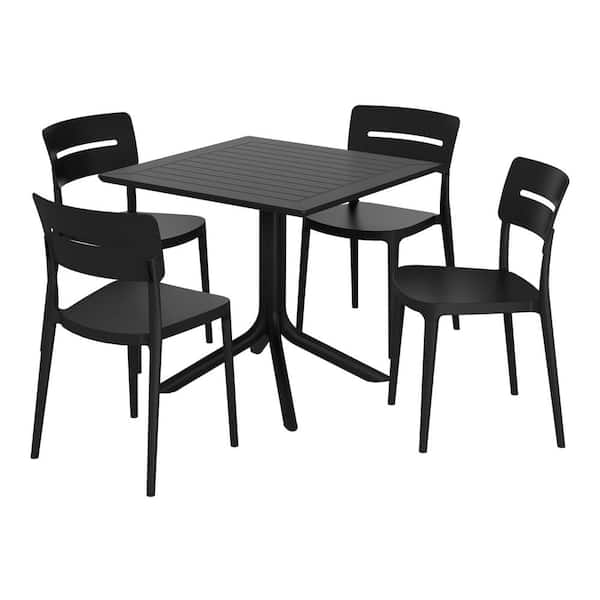 WESTIN OUTDOOR Frond and Form Black Plastic All Weather 5-Piece Square Table Modern Outdoor Patio Dining Set w/ 4 Stackable Chairs