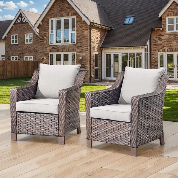 Opohoro Brown Wicker Outdoor Lounge Chair, All-Weather Wicker Armchair with Beige Cushions for Patio or Backyard Porch (2-Pack)