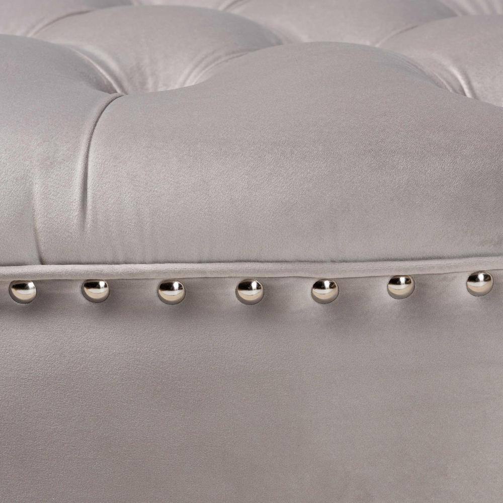 Light Gray Velvet Tufted Round Ottoman with Eucalyptus Frame