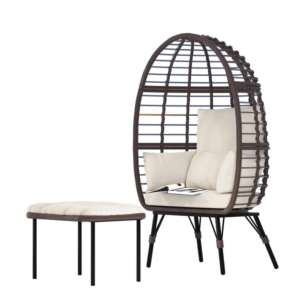 PE Rattan Wicker Steel Frame Patio Swing Egg Chair with Beige Seat Cushion 