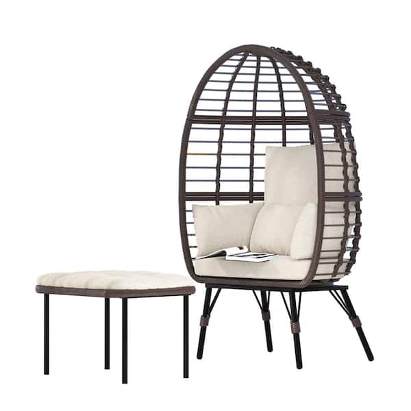 Unbranded PE Rattan Wicker Steel Frame Patio Swing Egg Chair with Beige Seat Cushion and Back Cushion