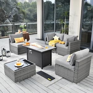 Sanibel Gray 6-Piece Wicker Outdoor Patio Conversation Sofa Sectional Set with a Metal Fire Pit and Dark Gray Cushions