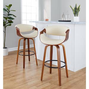 Symphony 29.25 in. Cream Faux Leather, Walnut Wood and Black Metal Fixed-Height Bar Stool (Set of 2)