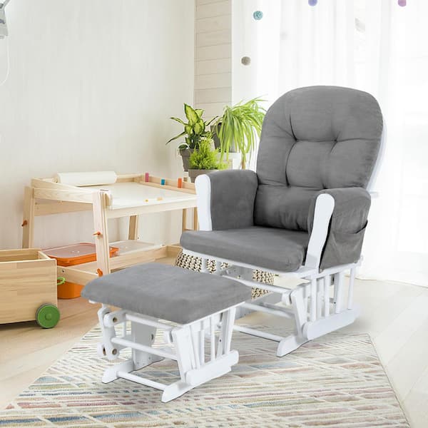 HOMESTOCK White/Dark Gray Modern Glider Nursery Rocking Chair with Ottoman, Ideal for Breastfeeding and Reading