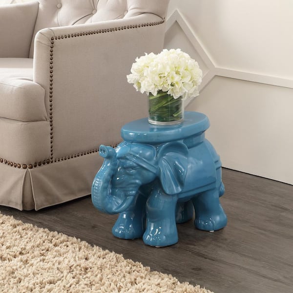 JONATHAN Y White Elephant 14.25 in. Ceramic Garden Stool, Blue