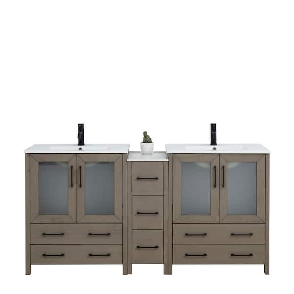 Vanity Art 72 in. W x 18 in. D x 36 in. H Driftwood Gray Bath Vanity with White Ceramic Top and Mirror