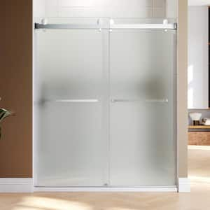 UKD01 56 to 60 in. W x 80 in. H Double Sliding Frameless Shower Door in Chrome, EnduroShield 3/8 in. Acid-Etch Glass