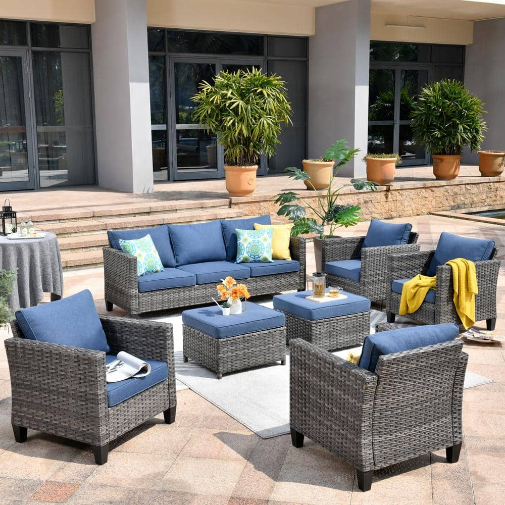 OVIOS Positano Gray 7-Piece Wicker Patio Conversation Set with Denim ...