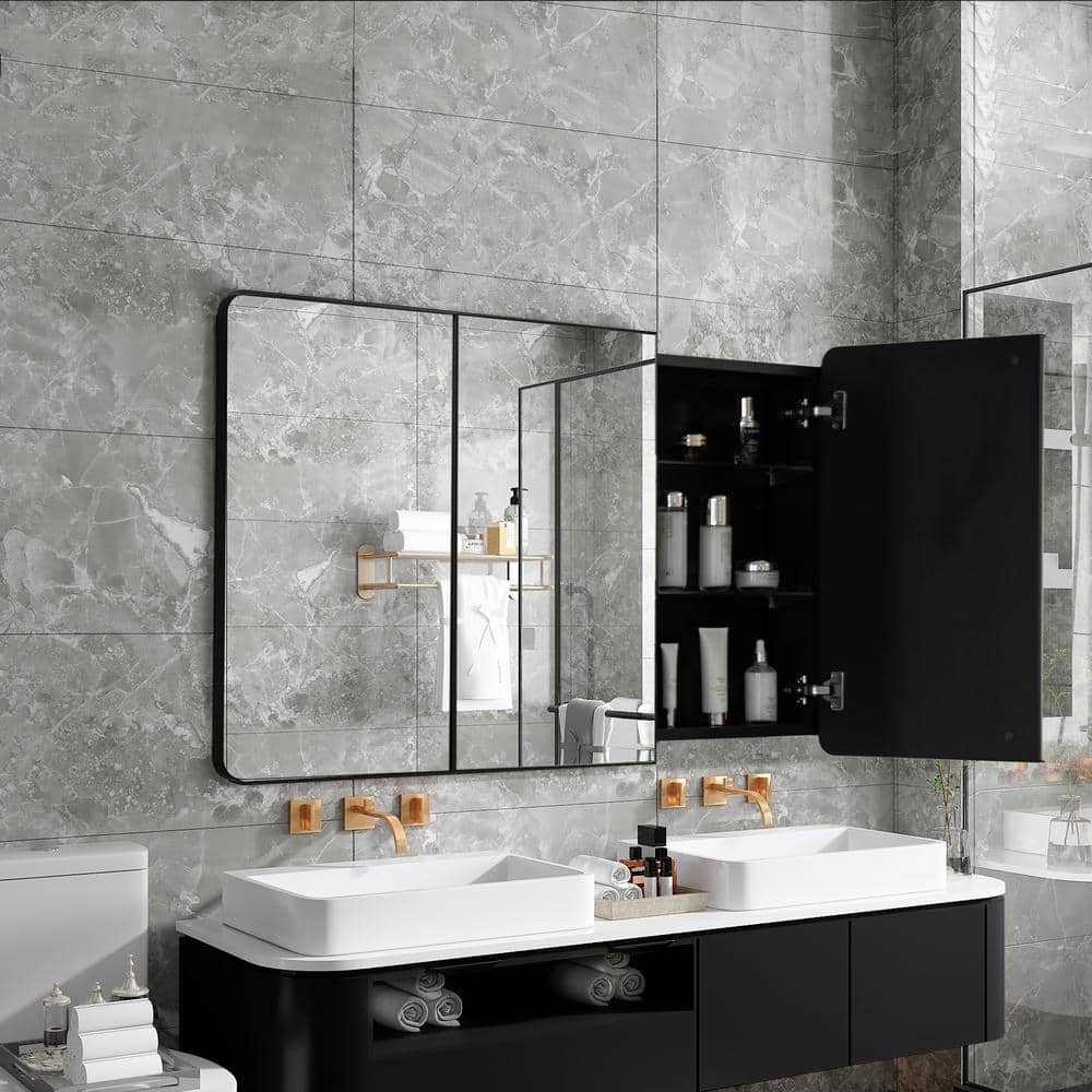 Matte Black Aluminum 3-Door Medicine Cabinet with Adjustable Glass Shelves