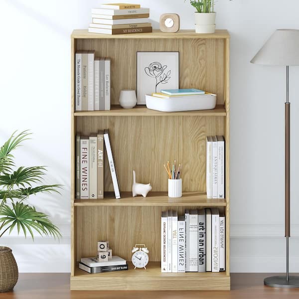 49 in. Tall Natural Wood Grain Wood 3-Shelf Open Bookcase with Storage