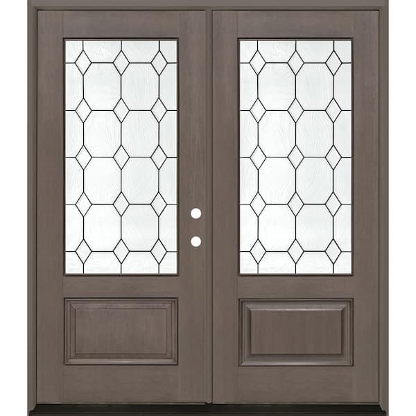 Regency 64 in. x 80 in. 3/4L Marquise Glass LHIS Ashwood Stain Fiberglass Double Prehung Front Door with 4-9/16 Jamb