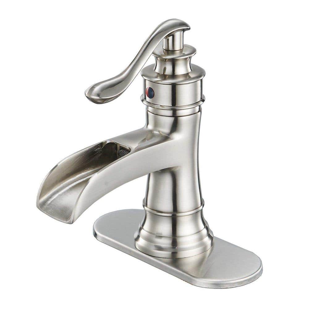 Single Handle Single-Hole Bathroom Faucet with Waterfall in Brushed Nickel
