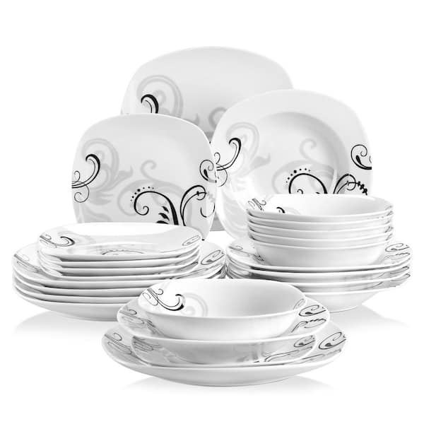 VEWEET 24-Piece White Porcelain Dinnerware Set (Service Set For 6) Black Decals Bowls and Plates Dinner Set