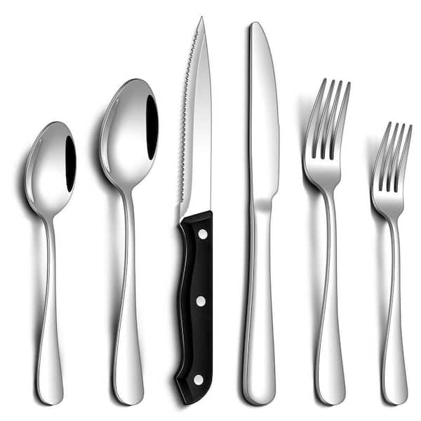 Food-Grade Stainless Steel Partial Tang Mirror Flatware Set with Serrated Steak Knife Edge and Ergonomic Handle 24-Piece