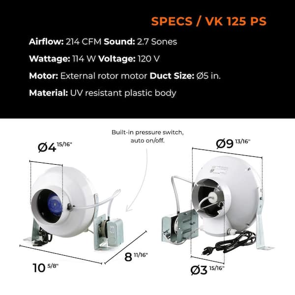 VENTS-US 5 in. 170 CFM Dryer Booster Fan with Automatic Pressure