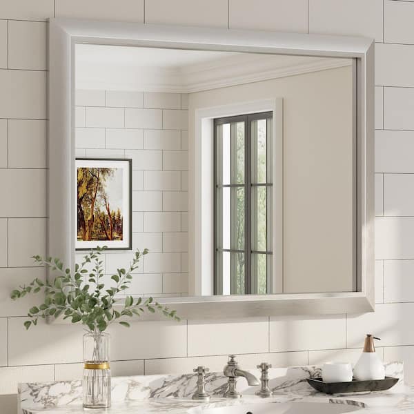 Apmir 40 in. W x 32 in. H Rectangular Aluminum Alloy Framed and Tempered Glass Wall Bathroom Vanity Mirror in Brushed Silver