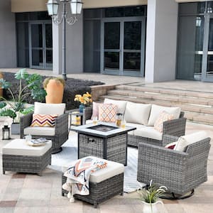 Positano Gray 7-Piece Wicker Patio Fire Pit Conversation Set with Beige Cushions and Swivel Rocking Chairs
